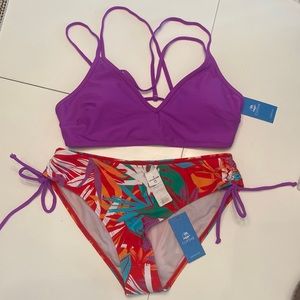 Cupshe Purple Strappy Bikini Top with Red Tropical Print Tie-Side Bottoms